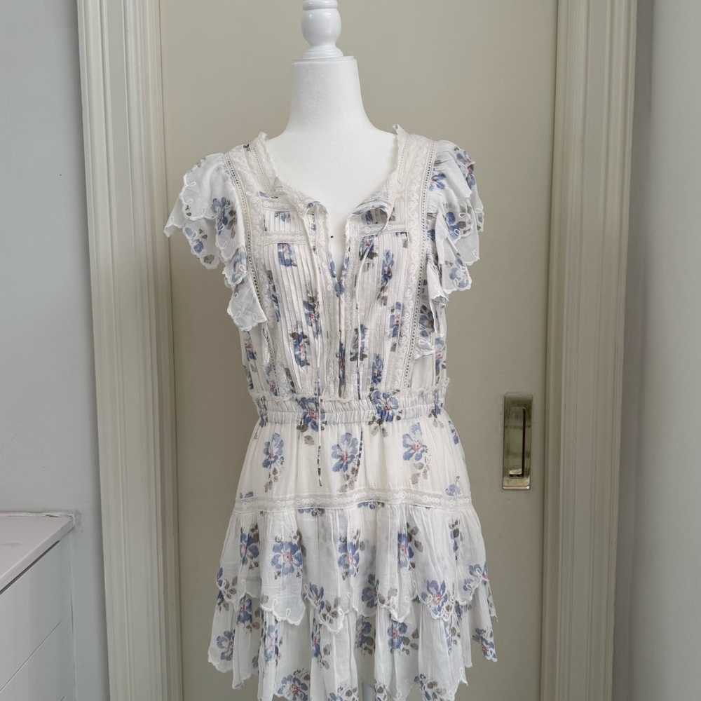 LoveShackFancy White and Blue Floral Mini Dress
